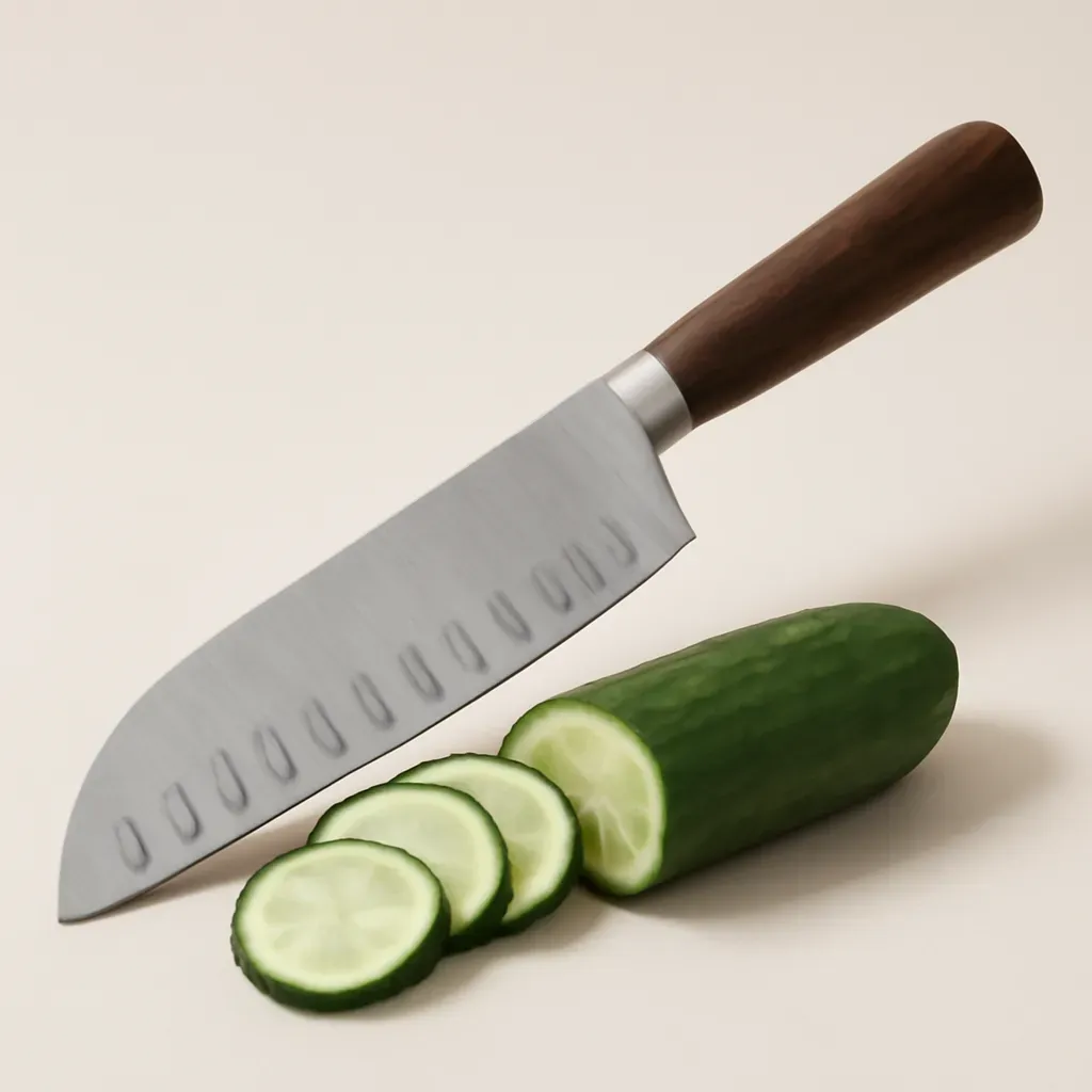 AI-generated editorial product photograph (not the exact linked listing) of santoku knife for vegetables