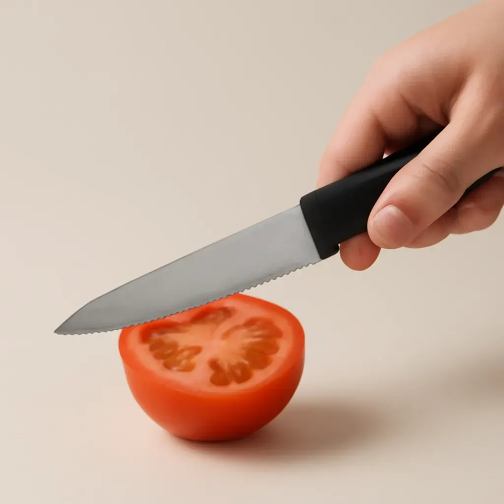 AI-generated editorial product photograph (not the exact linked listing) of serrated utility knife