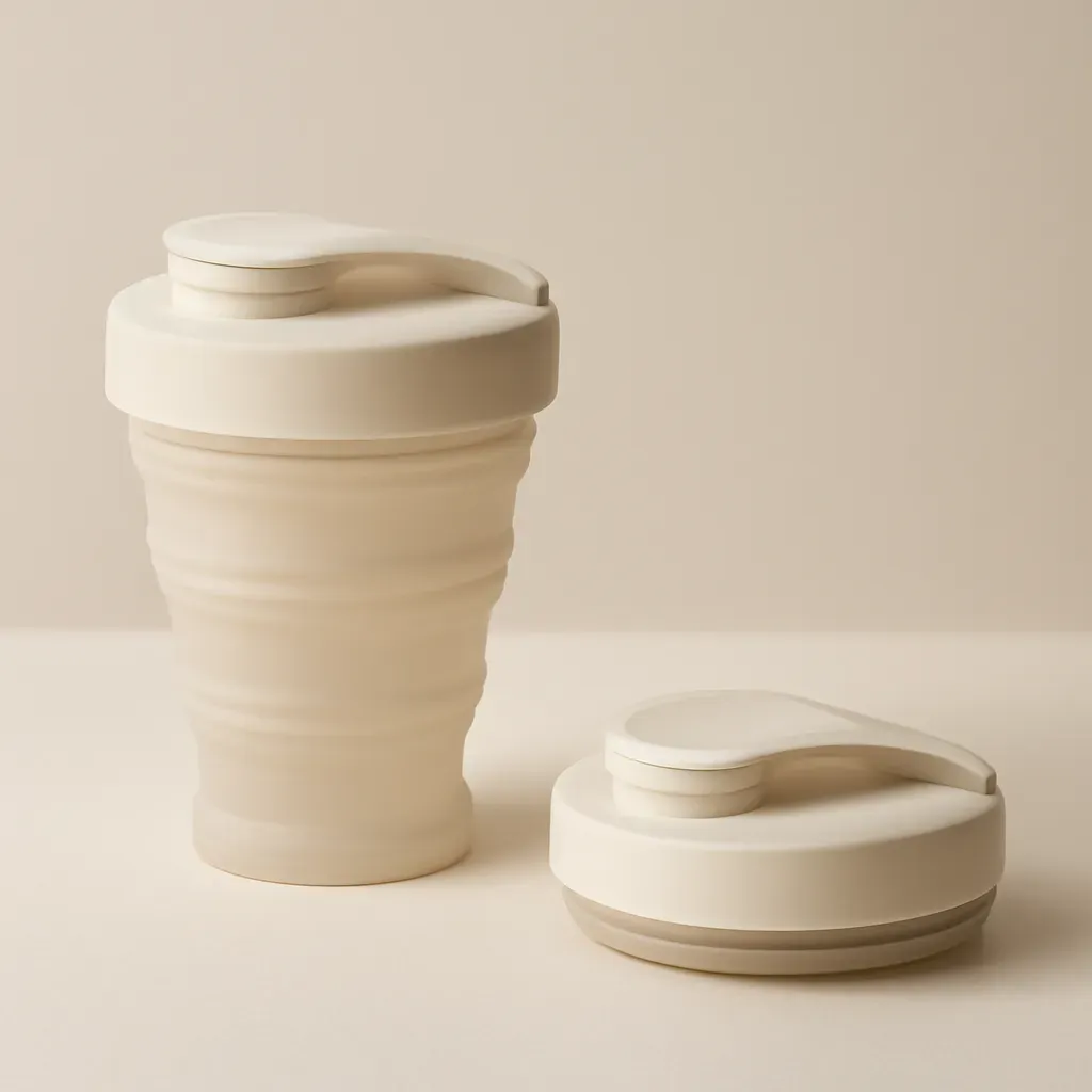 AI-generated editorial product photograph (not the exact linked listing) of silicone dressing shaker cup