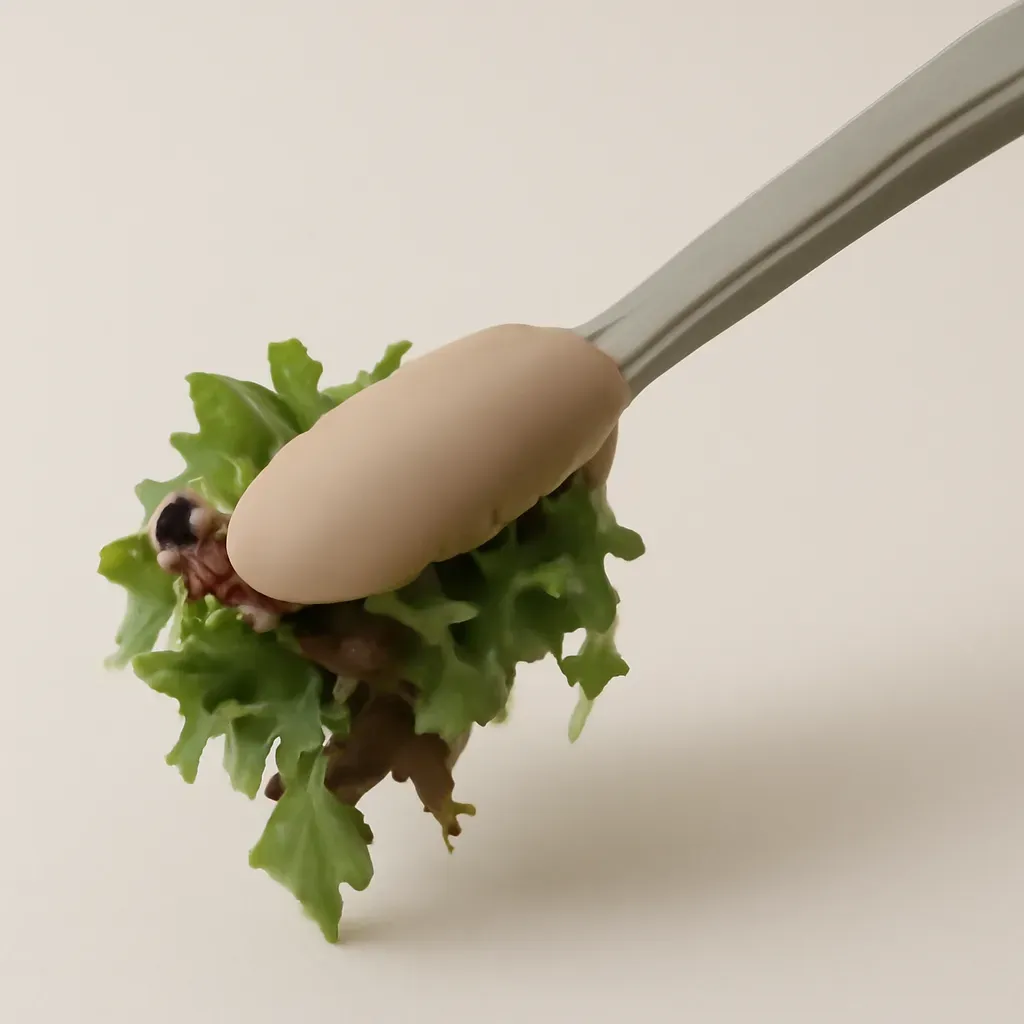 AI-generated editorial product photograph (not the exact linked listing) of silicone-tipped salad tongs