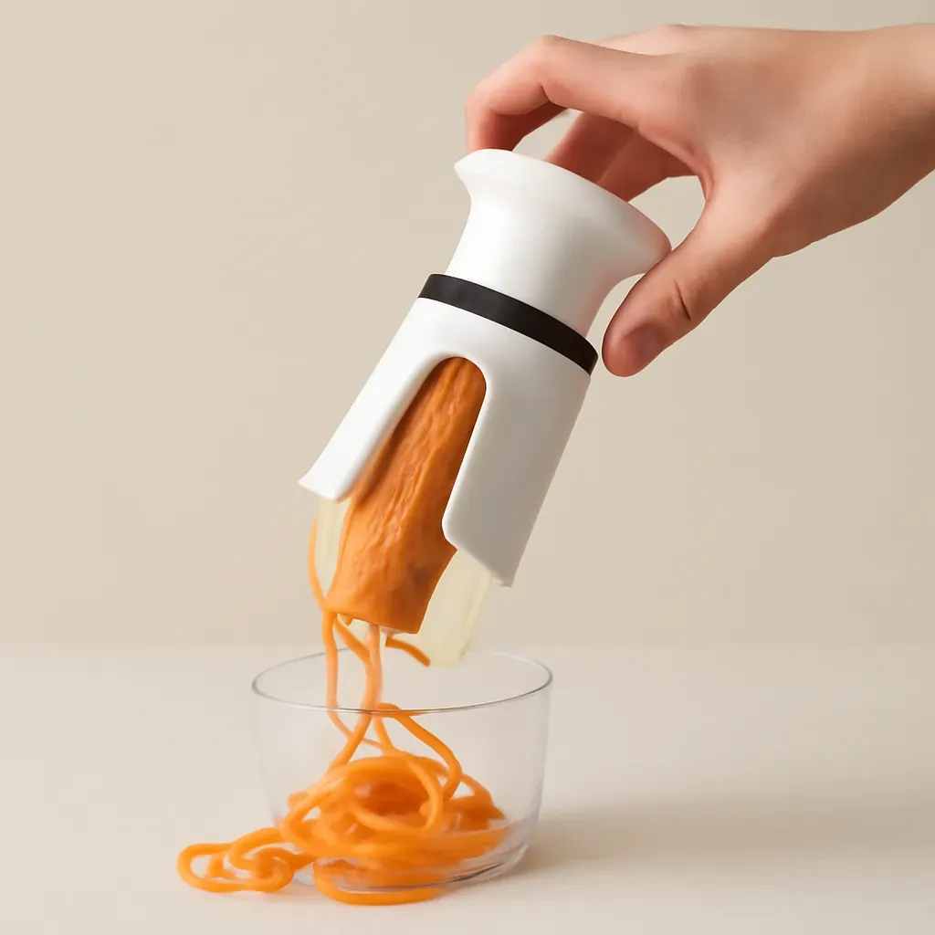 AI-generated editorial product photograph (not the exact linked listing) of spiralizer attachment chopper