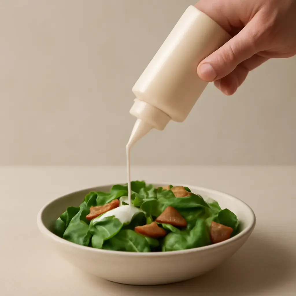 AI-generated editorial product photograph (not the exact linked listing) of squeeze-bottle dressing dispenser