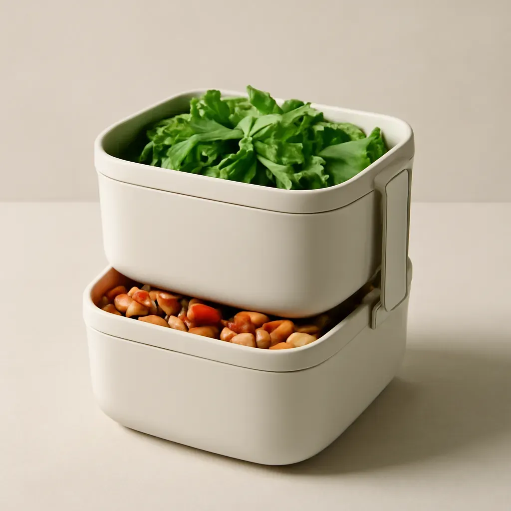 AI-generated editorial product photograph (not the exact linked listing) of stackable lunch container set