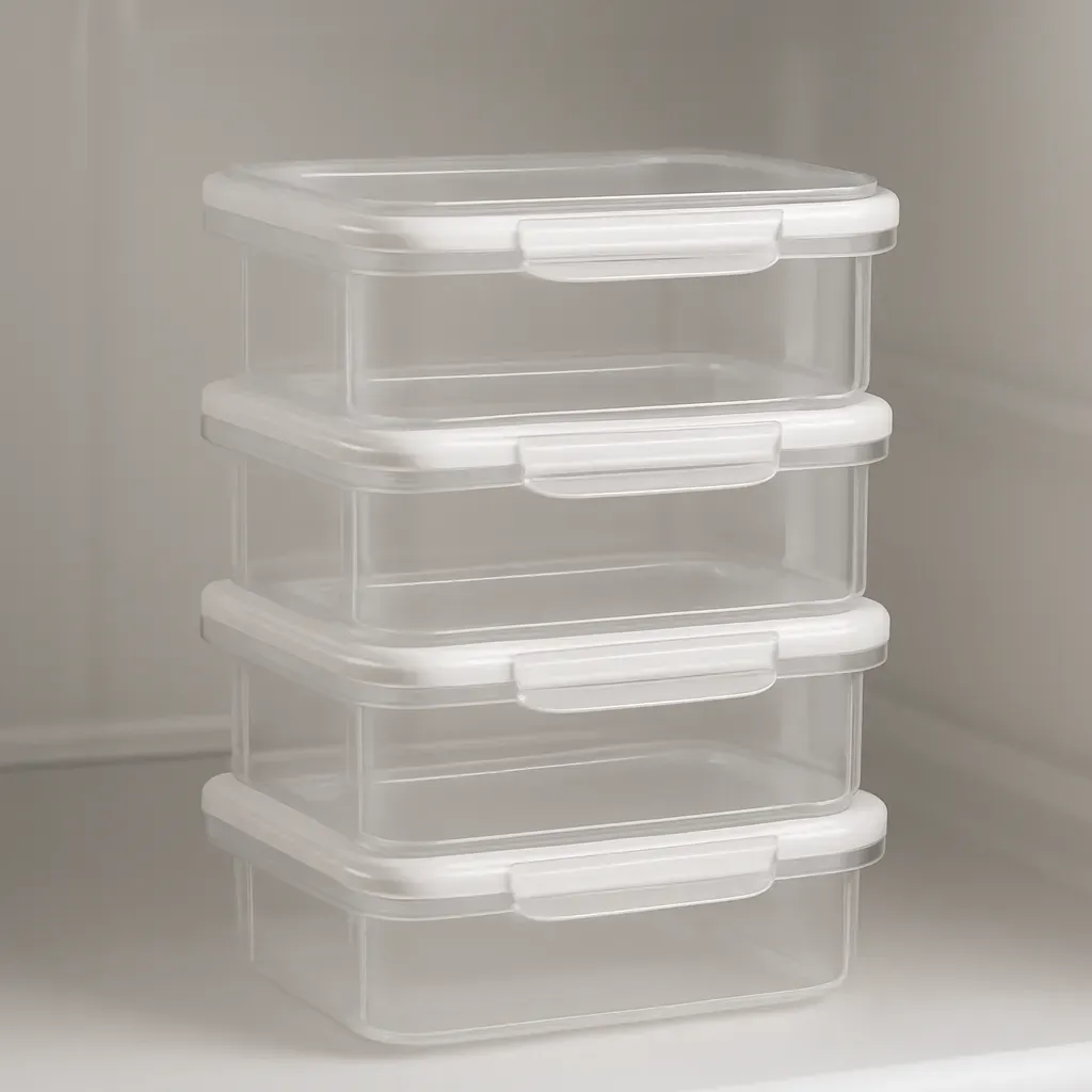 AI-generated editorial product photograph (not the exact linked listing) of stackable portion-control containers