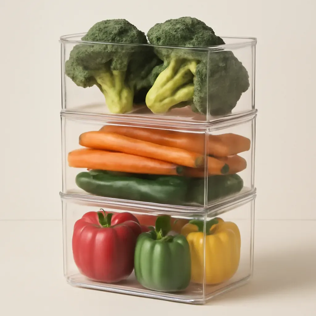 AI-generated editorial product photograph (not the exact linked listing) of stackable refrigerator bins for vegetables