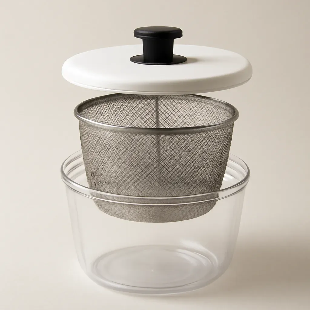 AI-generated editorial product photograph (not the exact linked listing) of stainless basket salad spinner