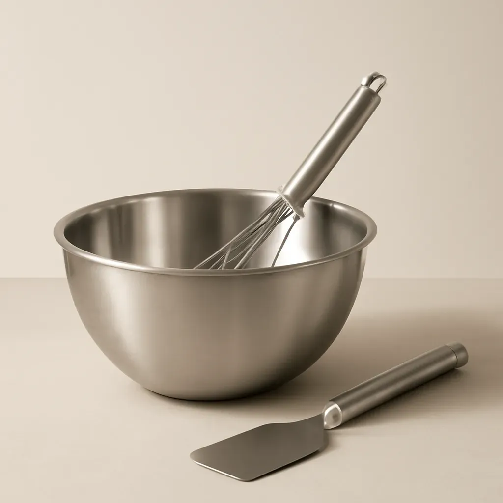AI-generated editorial product photograph (not the exact linked listing) of stainless mixing and tossing set