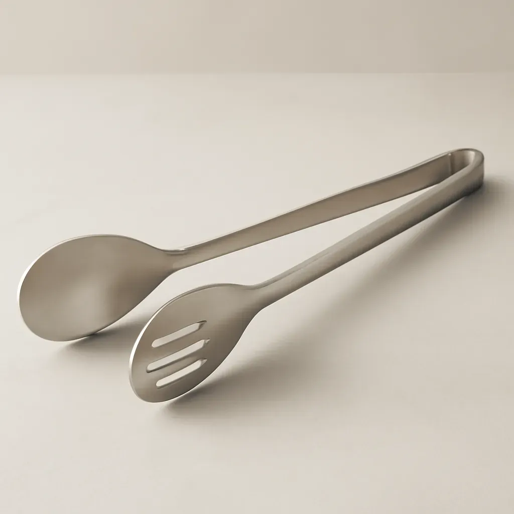 AI-generated editorial product photograph (not the exact linked listing) of stainless steel salad tongs