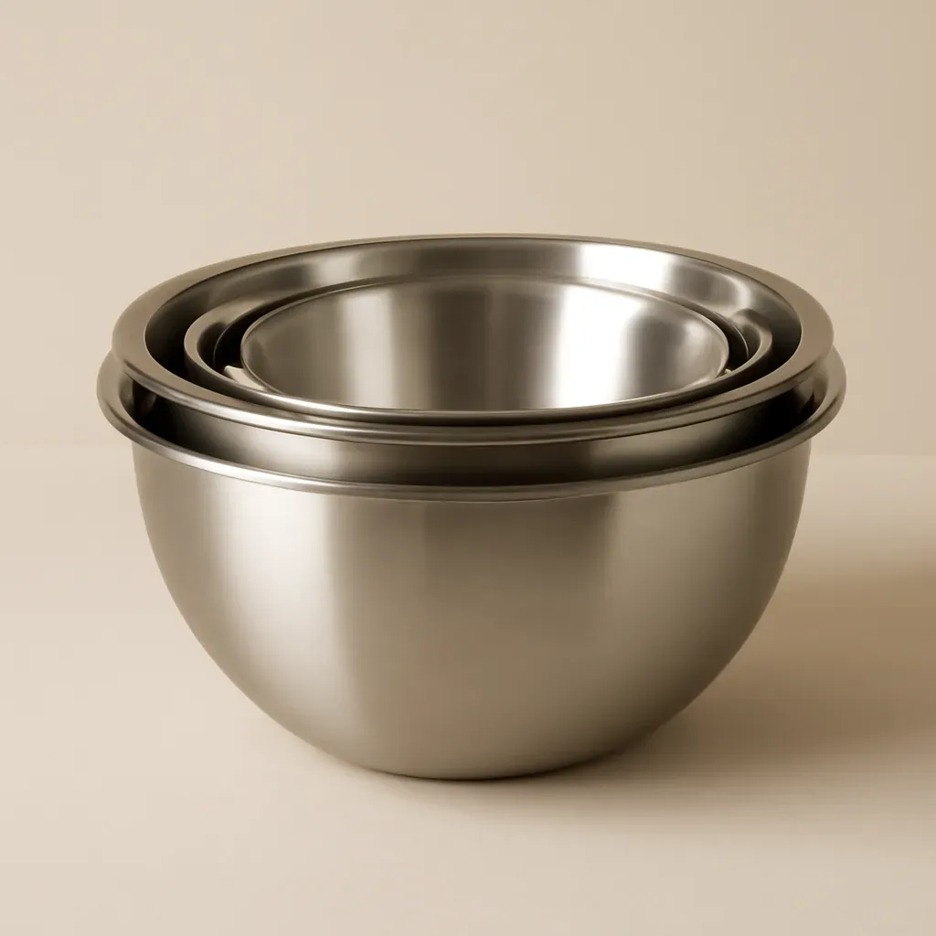AI-generated editorial product photograph (not the exact linked listing) of stainless steel nesting bowl set