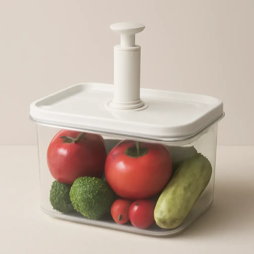 AI-generated editorial product photograph (not the exact linked listing) of vacuum-seal produce storage containers