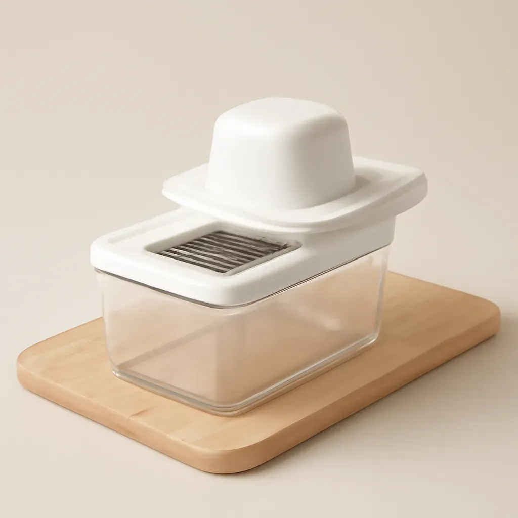 AI-generated editorial product photograph (not the exact linked listing) of vegetable chopper with hand guard