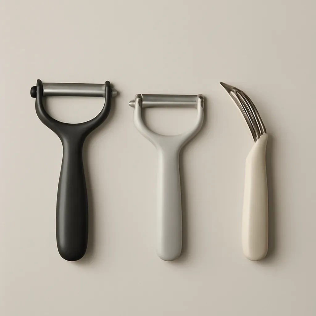 AI-generated editorial product photograph (not the exact linked listing) of vegetable peeler set