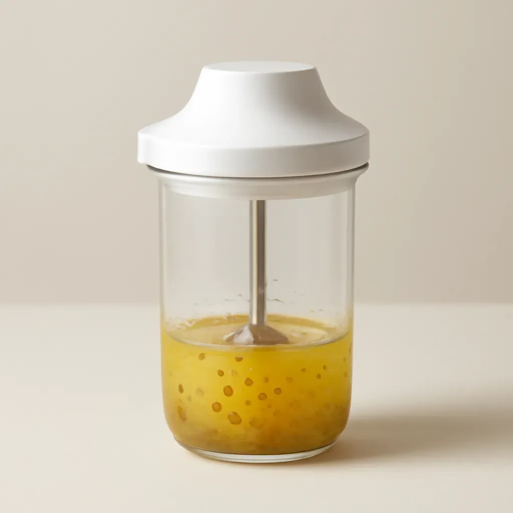 AI-generated editorial product photograph (not the exact linked listing) of whisk-style dressing maker