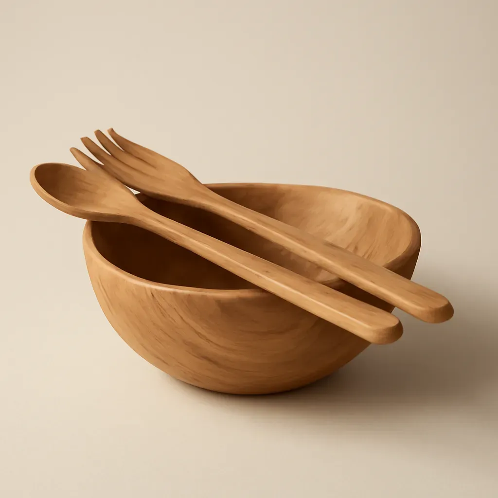 AI-generated editorial product photograph (not the exact linked listing) of wood salad tongs